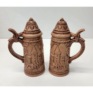 Vintage Beer Stein Salt Pepper Shaker Set 3D Raised Relief Handmade Signed